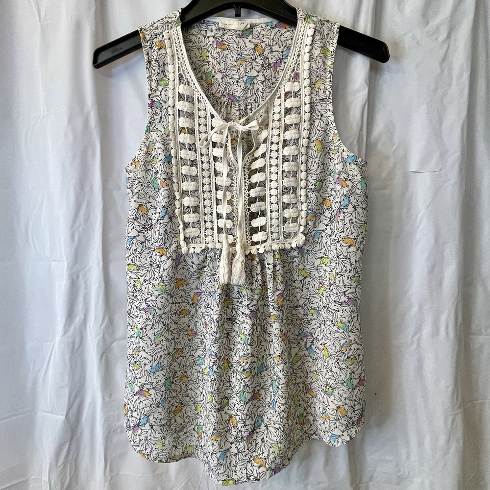 Meadow Rue Anthropologie Women Sz XS Boho Bird Top Crochet Tassle Fairy Flowy